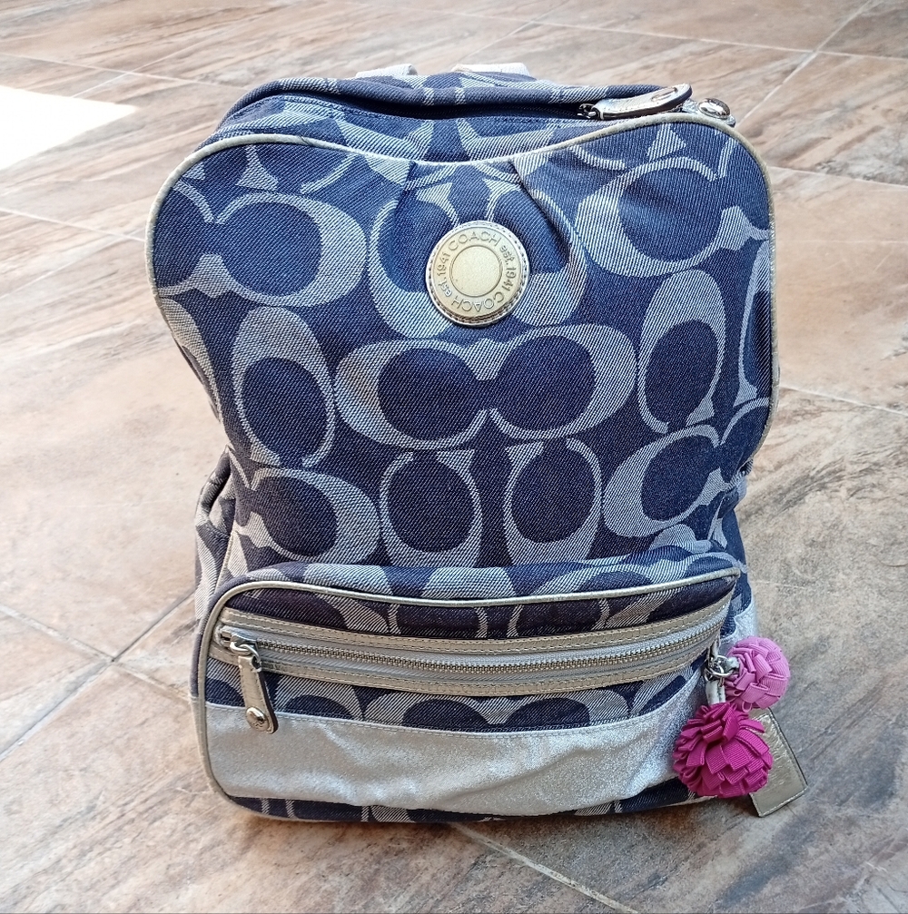 Coach Poppy Signature Navy and Light Gray Patterned Backpack
